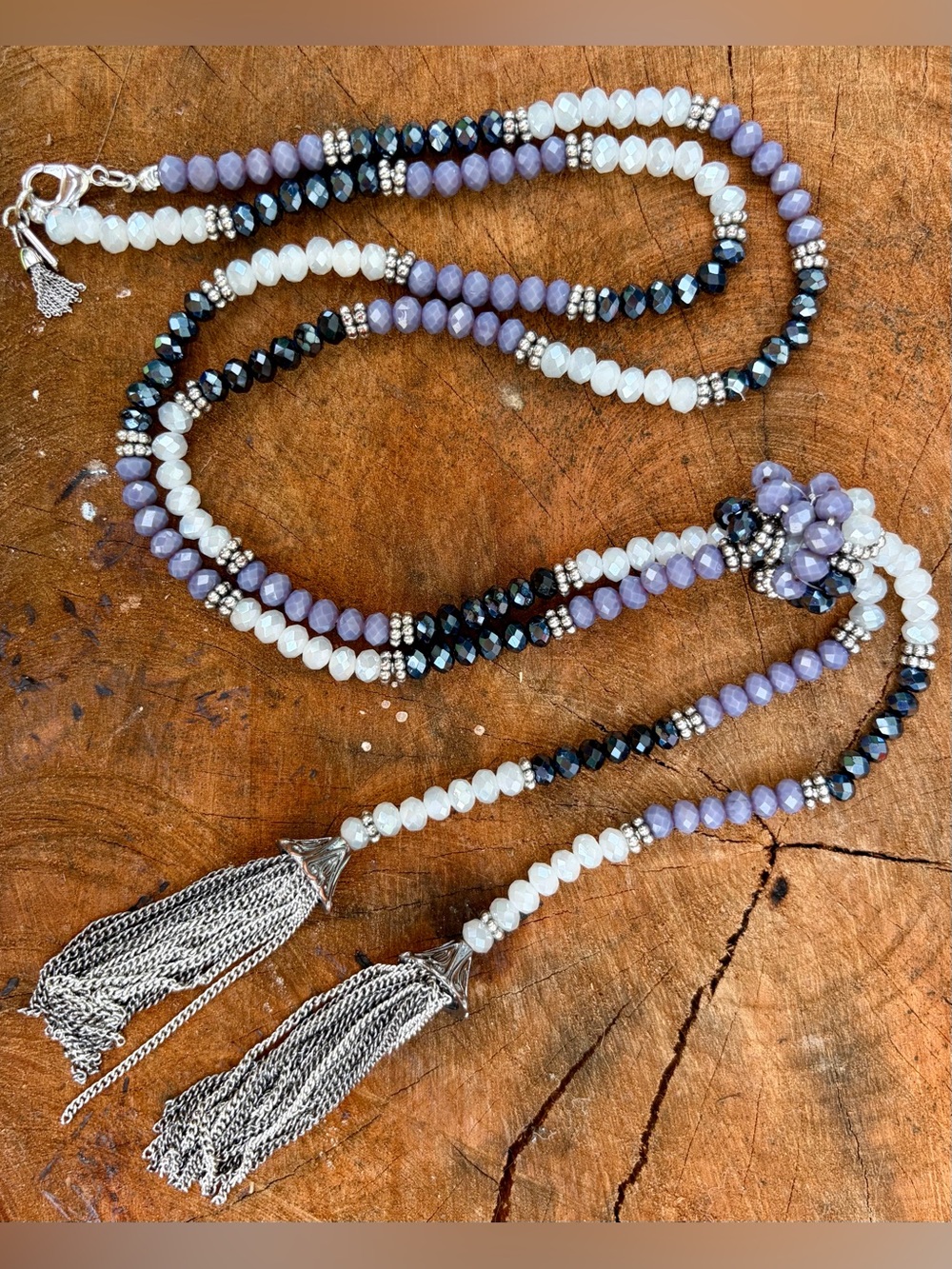 Lavender, Black & White Beaded Tassel Necklace